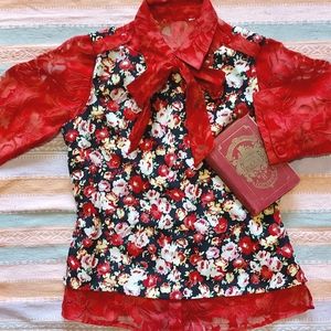 Outfit 2 For 1 Vintage orange red shirt size 8 +vintage red/black floral top L